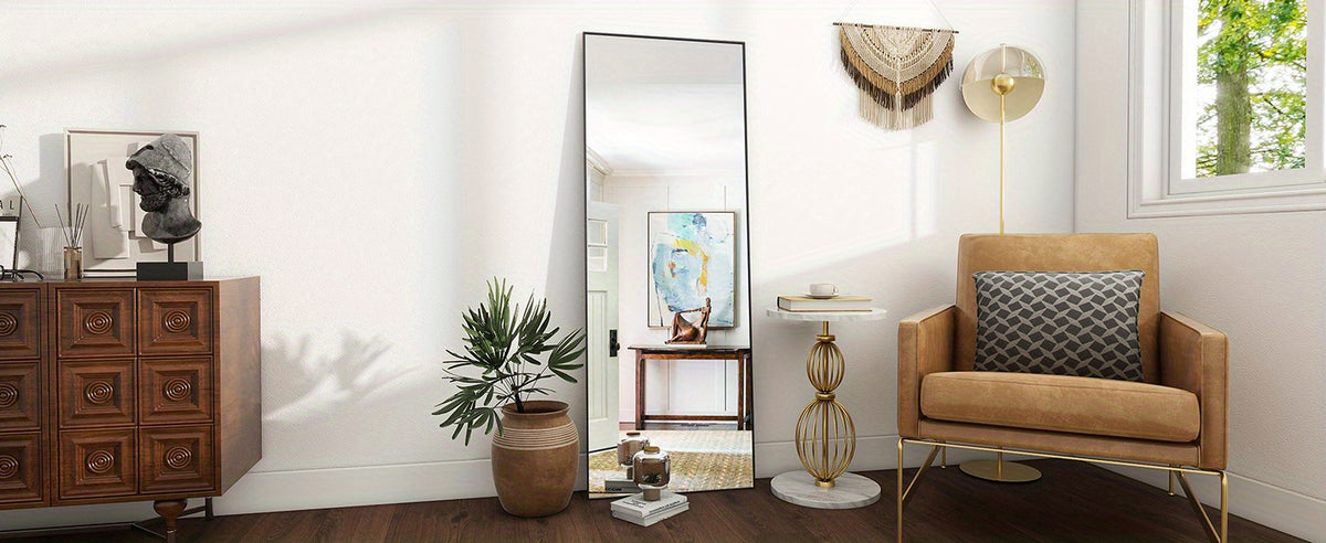 Mirror Full Length, Floor Mirror with Stand, Aluminum Alloy Frame Full Body Mirror, Standing Hanging or Leaning Against Wall for Bedroom and Living Room