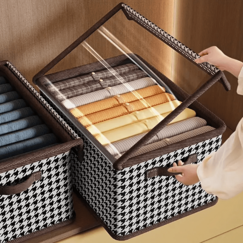 Lidded Fabric Storage Basket with Handle, Foldable Oxford Cloth or Cationic Wardrobe Organizer for Closet Shelves, Home Storage and Moving