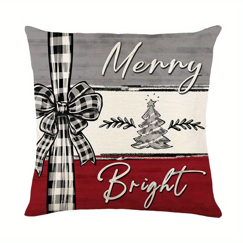 4pcs/Set Merry Christmas Xmas Tree Bow Pillow Covers, Farmhouse Christmas Tree Decorations, Merry Christmas Tree Hello Winter Holiday Decor Throw Cushion Cases for Couch Sofa Living Room Outdoor, Without Pillow Inserts, 18*18Inch
