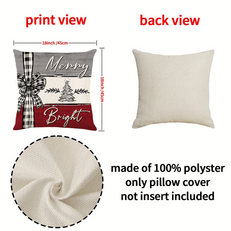 4pcs/Set Merry Christmas Xmas Tree Bow Pillow Covers, Farmhouse Christmas Tree Decorations, Merry Christmas Tree Hello Winter Holiday Decor Throw Cushion Cases for Couch Sofa Living Room Outdoor, Without Pillow Inserts, 18*18Inch