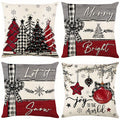 Christmas Tree Pillow Covers, 4-Pack 18x18 Inch Farmhouse Holiday Cushion Cases with Plaid Bow and Festive Prints for Couch and Sofa Decor, Inserts Not Included