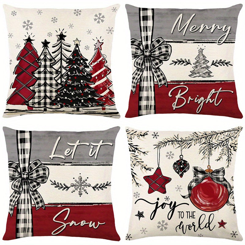 4pcs/Set Merry Christmas Xmas Tree Bow Pillow Covers, Farmhouse Christmas Tree Decorations, Merry Christmas Tree Hello Winter Holiday Decor Throw Cushion Cases for Couch Sofa Living Room Outdoor, Without Pillow Inserts, 18*18Inch