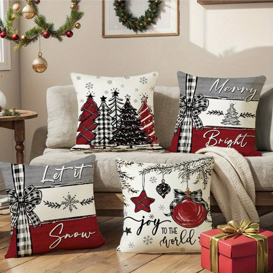 4pcs/Set Merry Christmas Xmas Tree Bow Pillow Covers, Farmhouse Christmas Tree Decorations, Merry Christmas Tree Hello Winter Holiday Decor Throw Cushion Cases for Couch Sofa Living Room Outdoor, Without Pillow Inserts, 18*18Inch