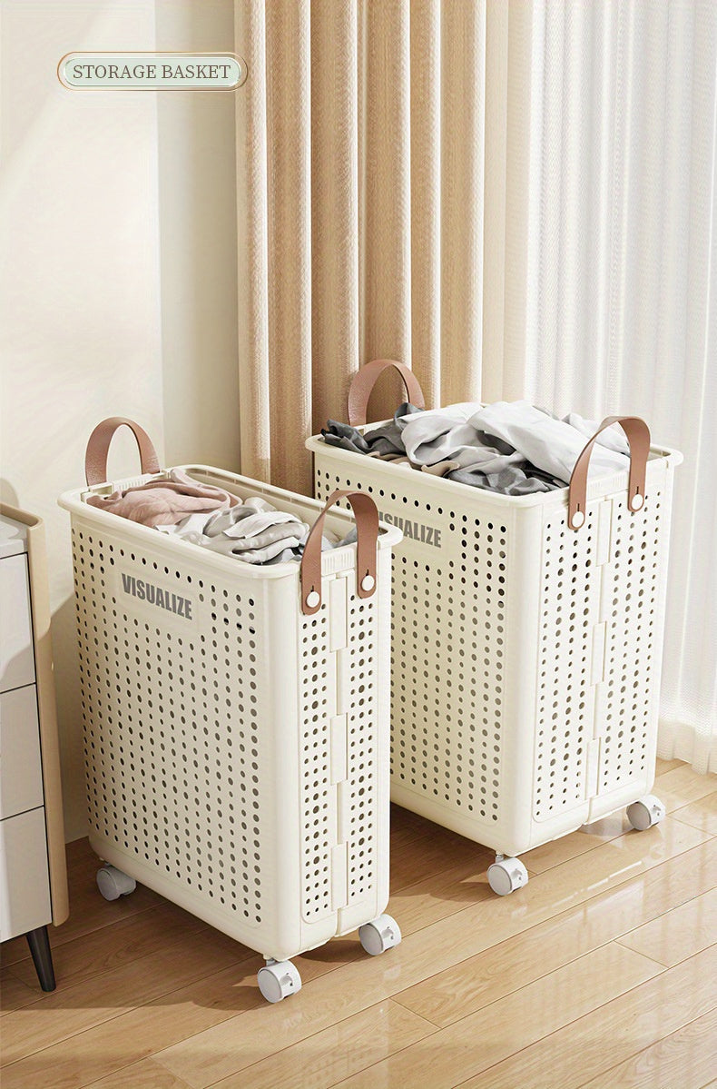 11/15/17.5 Gallon Foldable Laundry Basket with Wheels, Breathable Plastic Rolling Laundry Hamper with Faux Leather Handles, Space-Saving Clothes Storage Bin for Bathroom And Bedroom, Laundry Baskets