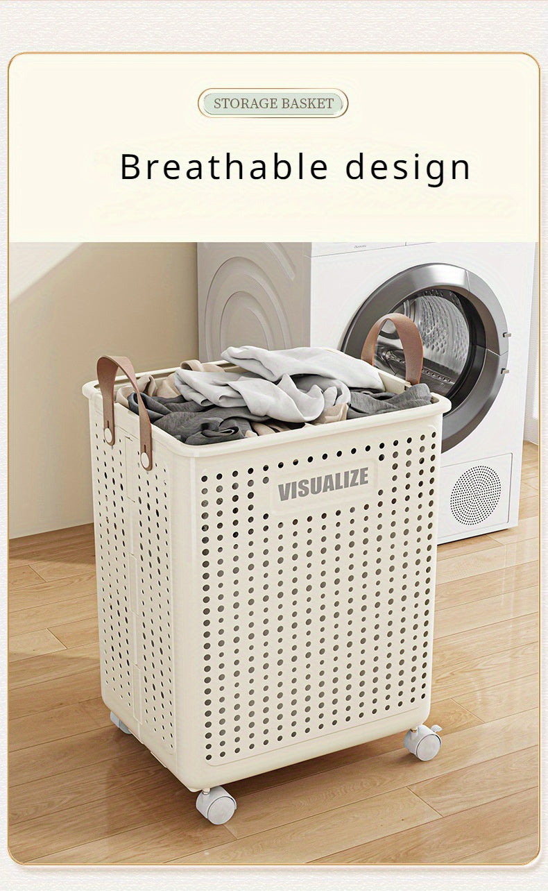 11/15/17.5 Gallon Foldable Laundry Basket with Wheels, Breathable Plastic Rolling Laundry Hamper with Faux Leather Handles, Space-Saving Clothes Storage Bin for Bathroom And Bedroom, Laundry Baskets