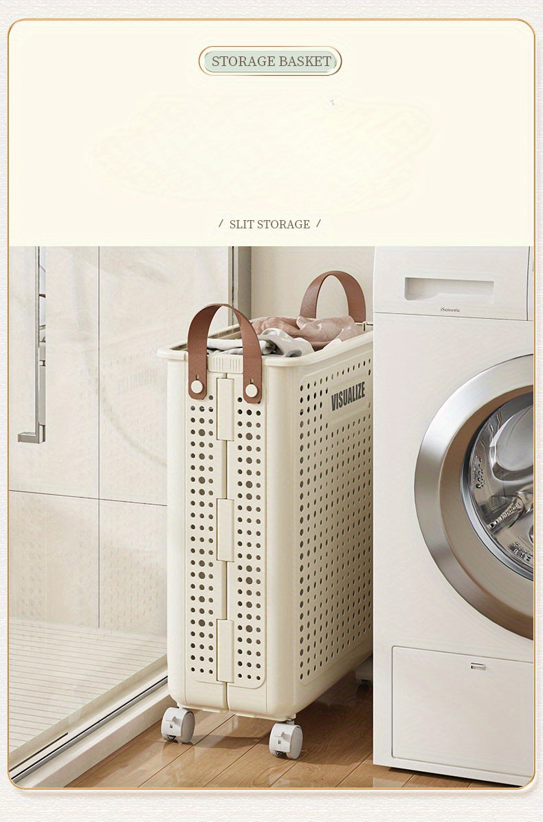 11/15/17.5 Gallon Foldable Laundry Basket with Wheels, Breathable Plastic Rolling Laundry Hamper with Faux Leather Handles, Space-Saving Clothes Storage Bin for Bathroom And Bedroom, Laundry Baskets