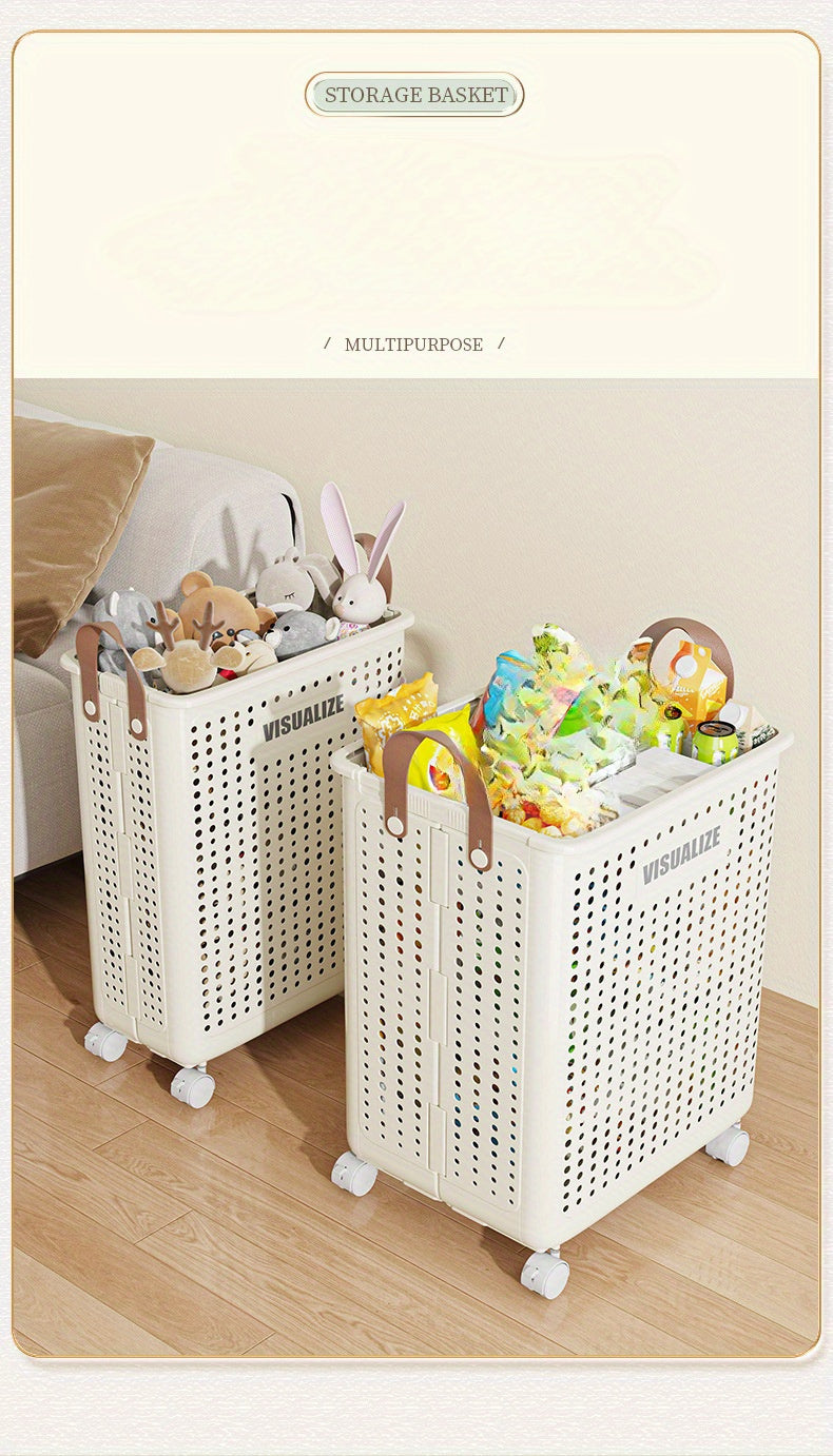 11/15/17.5 Gallon Foldable Laundry Basket with Wheels, Breathable Plastic Rolling Laundry Hamper with Faux Leather Handles, Space-Saving Clothes Storage Bin for Bathroom And Bedroom, Laundry Baskets