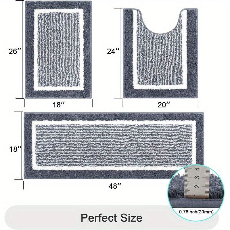 Bathroom Rug Set 3pcs Non-Slip Absorbent Bath Mats for Bathroom Sets Washable Microfiber Bathroom Rugs And Mats Shaggy Bath Rugs And U-Shaped Toilet Mat for Bath Floor