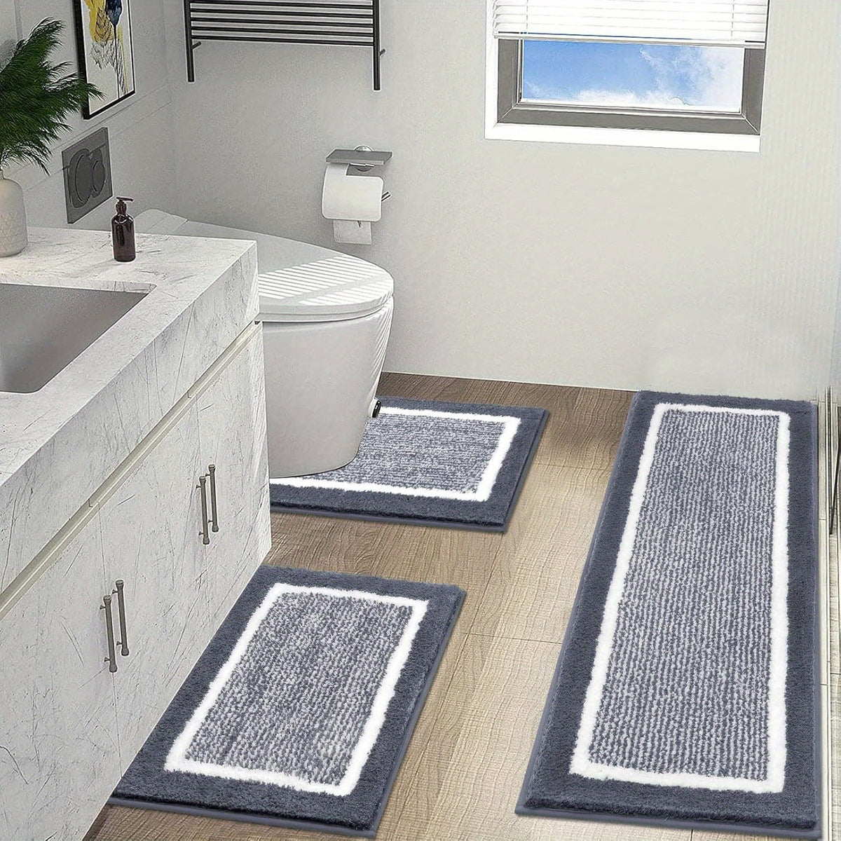 Bathroom Rug Set 3pcs Non-Slip Absorbent Bath Mats for Bathroom Sets Washable Microfiber Bathroom Rugs And Mats Shaggy Bath Rugs And U-Shaped Toilet Mat for Bath Floor
