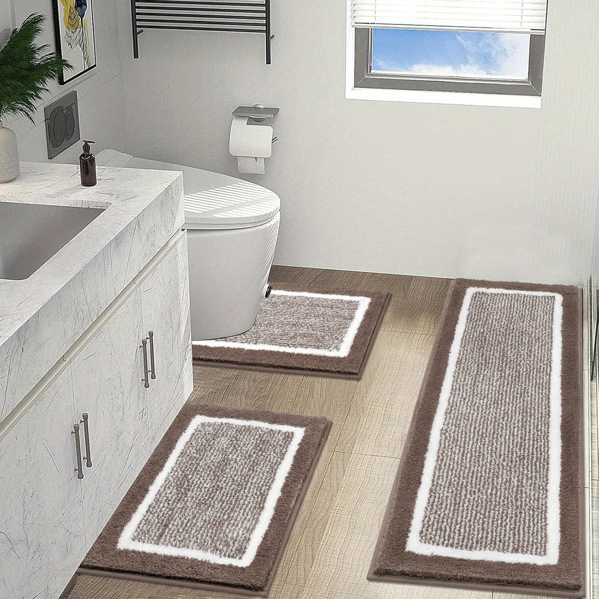 Bathroom Rug Set 3pcs Non-Slip Absorbent Bath Mats for Bathroom Sets Washable Microfiber Bathroom Rugs And Mats Shaggy Bath Rugs And U-Shaped Toilet Mat for Bath Floor