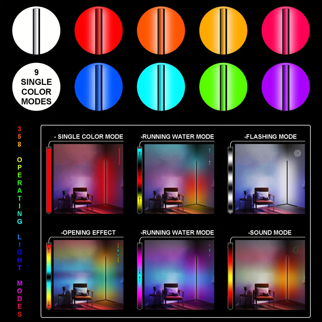 LED Corner Floor Lamp with RGBIC Color Changing Scenes, App and Remote Control, Music Sync and Timer for Bedroom Living Room and Gaming Setup