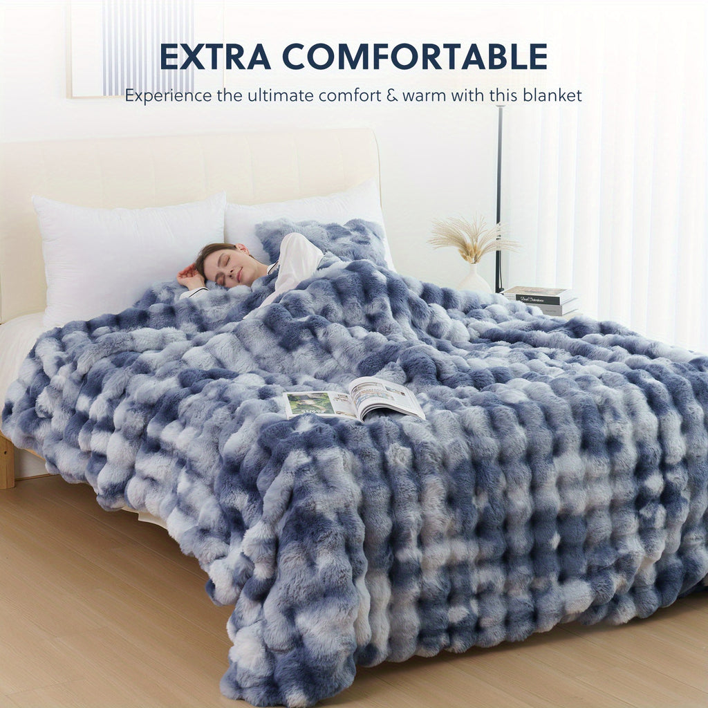 Faux Rabbit Fleece Blanket with Plush Inner Layer, Soft Textured Throw in Twin, Queen and King Sizes for Sofa, Bedroom and Cozy Travel