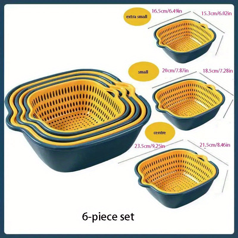 6pcs, filter screen, double-layer drainage basket, plastic filter screen basket, reusable vegetable washing basket, kitchen household filter screen, fruit and vegetable washing basket, kitchen supplies, kitchen gadgets and kitchen accessories.