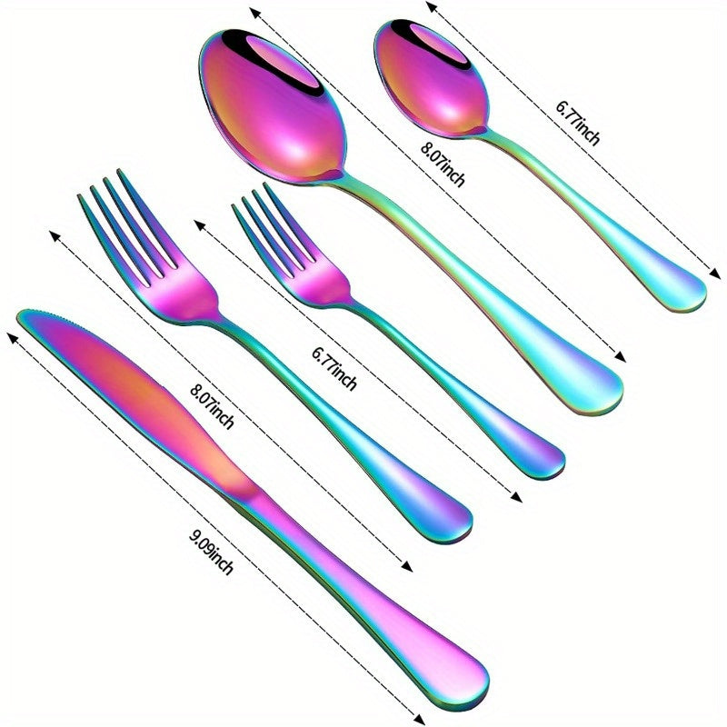 Titanium Plated Rainbow Silverware Set, 20 or 60 Piece Mirror Polished 304 Stainless Steel Flatware with Knives Forks and Spoons for Home and Holiday Dining