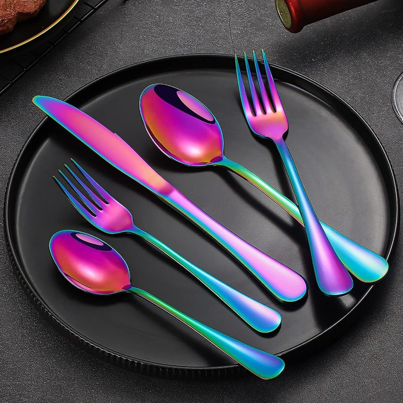 Titanium Plated Rainbow Silverware Set, 20 or 60 Piece Mirror Polished 304 Stainless Steel Flatware with Knives Forks and Spoons for Home and Holiday Dining