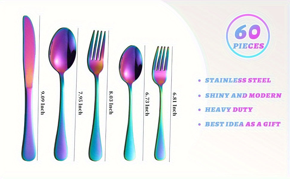 Titanium Plated Rainbow Silverware Set, 20 or 60 Piece Mirror Polished 304 Stainless Steel Flatware with Knives Forks and Spoons for Home and Holiday Dining