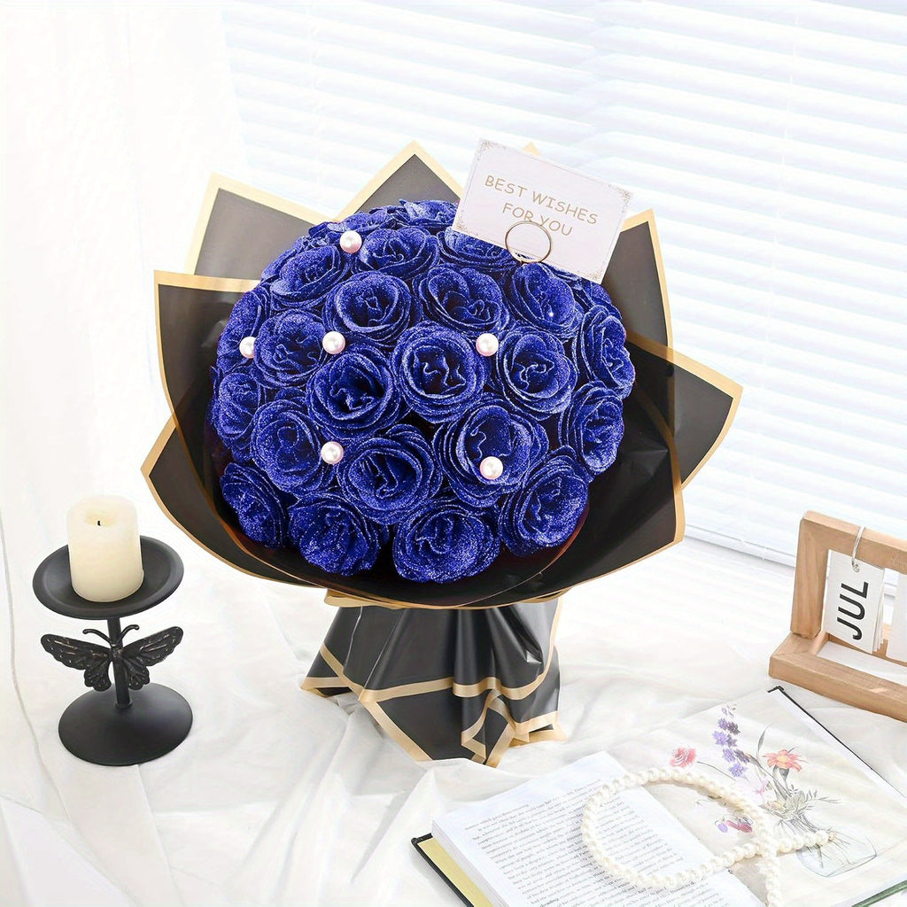 24/36pcs Simulation Flash Rose Bouquet Fake Flower Rose Delicate Beautiful Bouquet Eternal Shiny Artificial Roses Suitable for Dating, Engagement, Wedding, Anniversary, Holiday Decorations Blue/ Purple/ Red