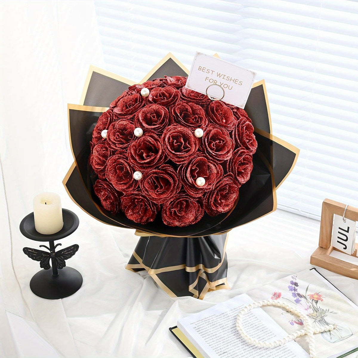 24/36pcs Simulation Flash Rose Bouquet Fake Flower Rose Delicate Beautiful Bouquet Eternal Shiny Artificial Roses Suitable for Dating, Engagement, Wedding, Anniversary, Holiday Decorations Blue/ Purple/ Red