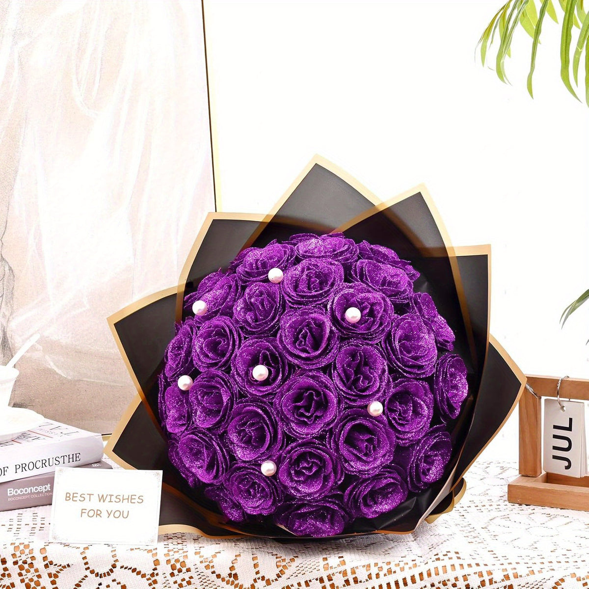 24/36pcs Simulation Flash Rose Bouquet Fake Flower Rose Delicate Beautiful Bouquet Eternal Shiny Artificial Roses Suitable for Dating, Engagement, Wedding, Anniversary, Holiday Decorations Blue/ Purple/ Red