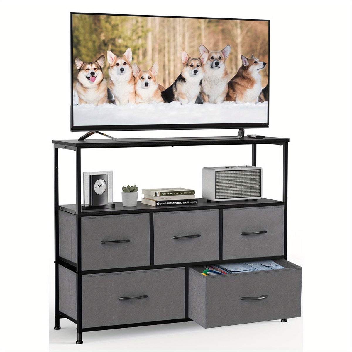 5-Drawer Cabinet Tower, Father'S Day Gift, TV Stand for Bedroom, TV Dresser for 45 Inches, Media Console Table, Entertainment Center with 5 Fabric Drawers Cabinet And Open Storage Shelf Other (Furniture) Cabinet for Living Room, Hallway