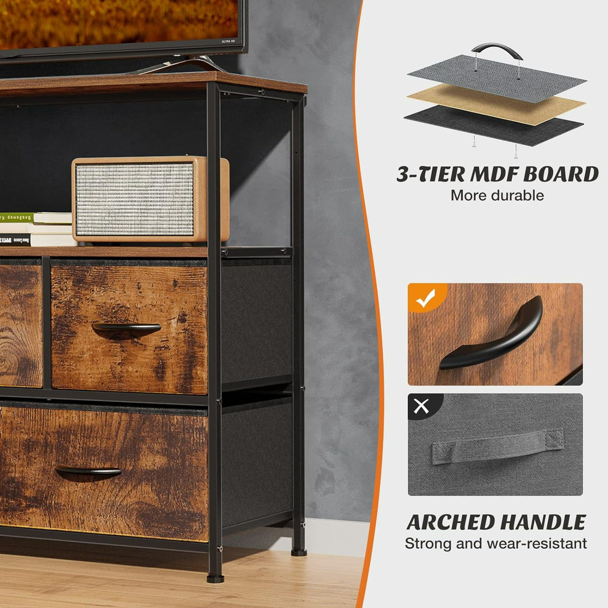5-Drawer Cabinet Tower, Father'S Day Gift, TV Stand for Bedroom, TV Dresser for 45 Inches, Media Console Table, Entertainment Center with 5 Fabric Drawers Cabinet And Open Storage Shelf Other (Furniture) Cabinet for Living Room, Hallway