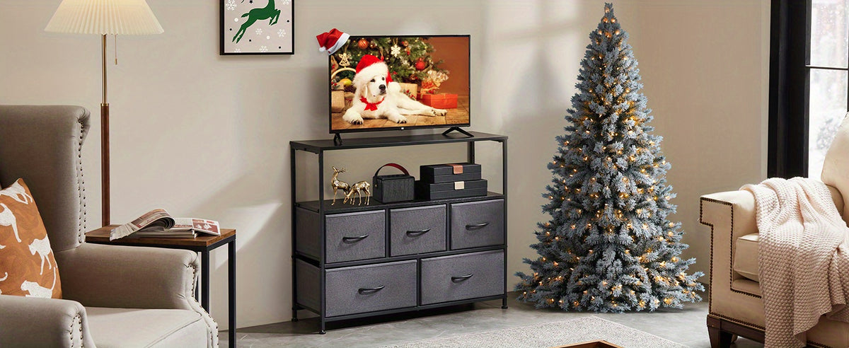 5-Drawer Cabinet Tower, Father'S Day Gift, TV Stand for Bedroom, TV Dresser for 45 Inches, Media Console Table, Entertainment Center with 5 Fabric Drawers Cabinet And Open Storage Shelf Other (Furniture) Cabinet for Living Room, Hallway
