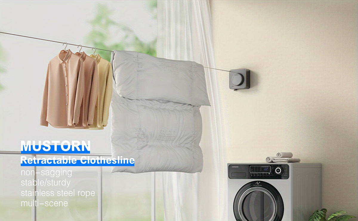 1/2pcs Retractable Clothesline Indoor Non-Sagging Outdoor Clothes Line Retracting Heavy Duty Clothes Drying Laundry Line Wall Mounted Stainless Steel Line-15.1 Feets(Square-Gray), Clotheslines