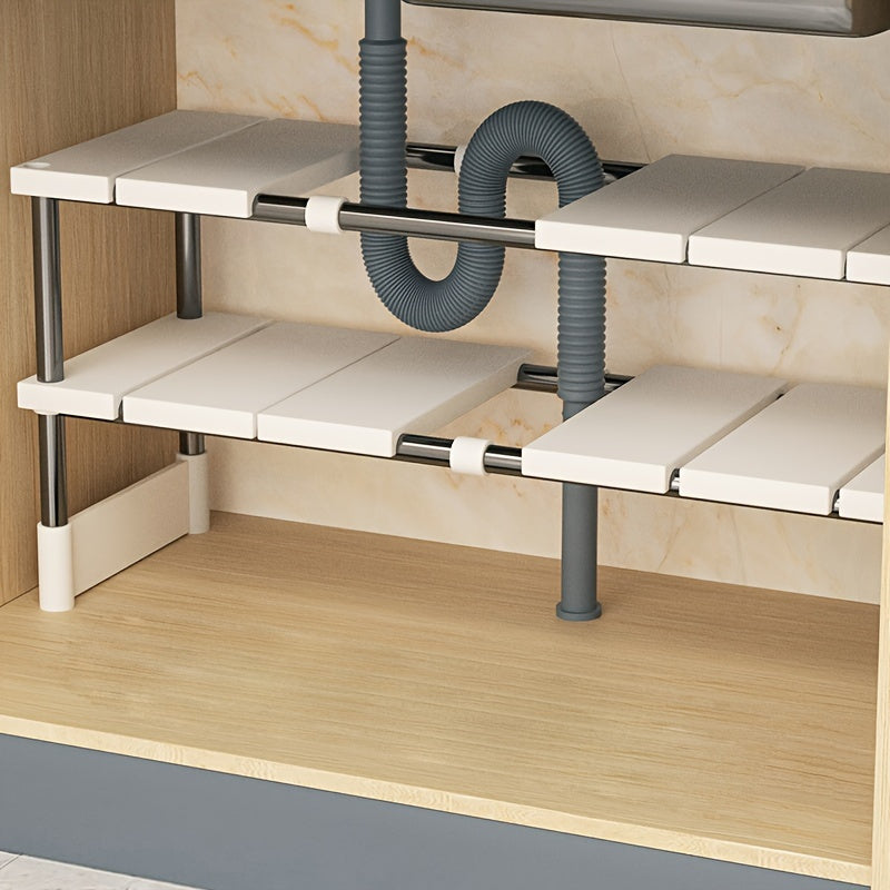 1pc Adjustable Under Sink Organizer, Stainless Steel And Plastic, Single-Layer Kitchen And Bathroom Cabinet Organizer, Multi-Functional Pot Holder, Storage Shelf, Space Saving Design