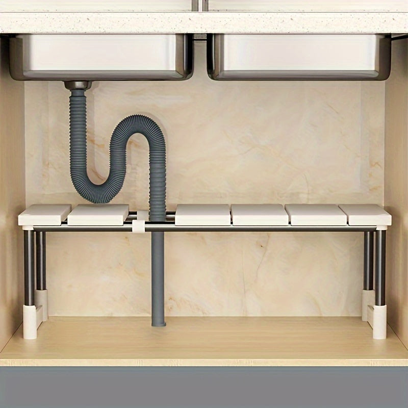 1pc Adjustable Under Sink Organizer, Stainless Steel And Plastic, Single-Layer Kitchen And Bathroom Cabinet Organizer, Multi-Functional Pot Holder, Storage Shelf, Space Saving Design