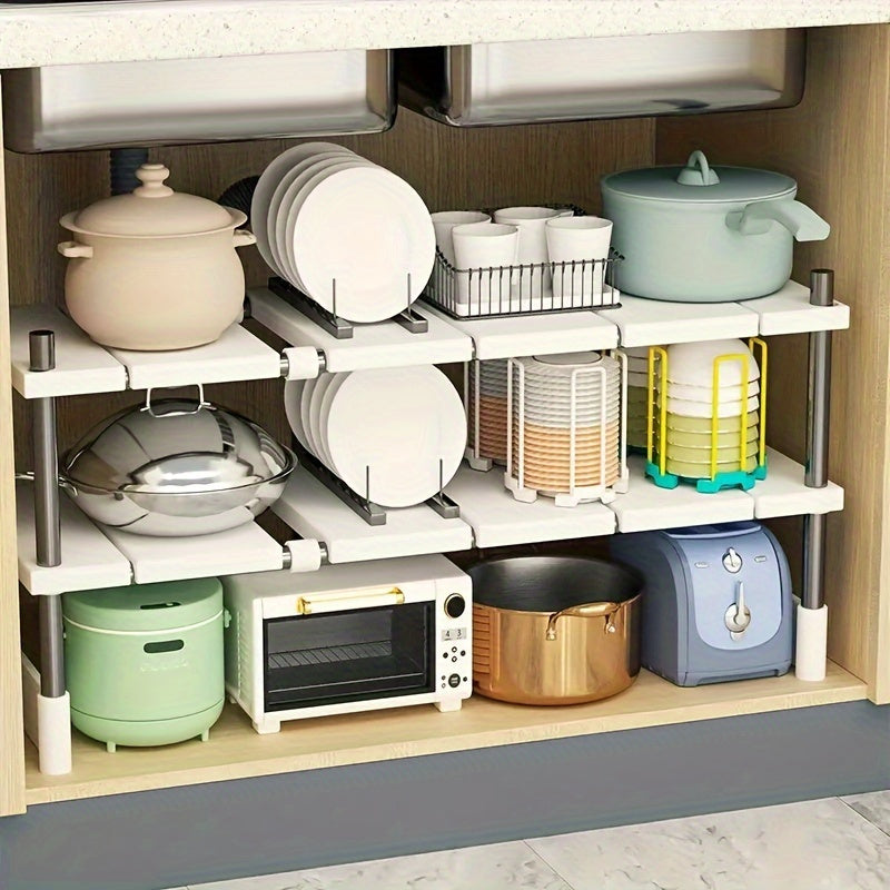 1pc Adjustable Under Sink Organizer, Stainless Steel And Plastic, Single-Layer Kitchen And Bathroom Cabinet Organizer, Multi-Functional Pot Holder, Storage Shelf, Space Saving Design