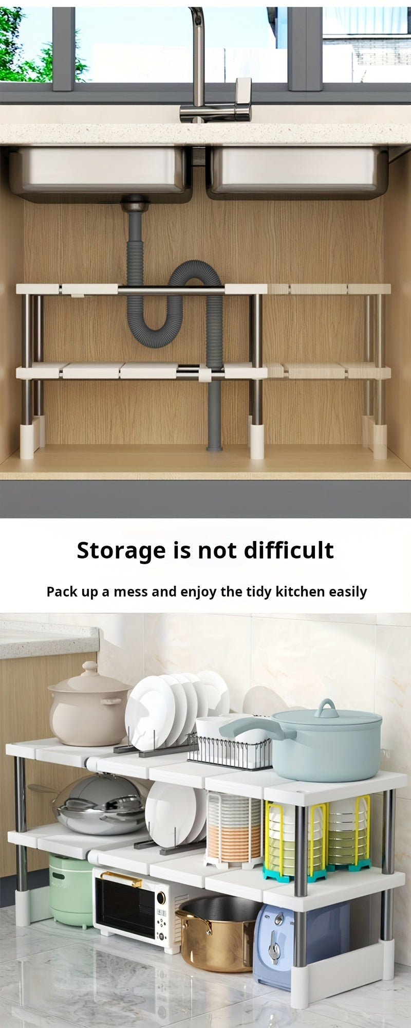 1pc Adjustable Under Sink Organizer, Stainless Steel And Plastic, Single-Layer Kitchen And Bathroom Cabinet Organizer, Multi-Functional Pot Holder, Storage Shelf, Space Saving Design