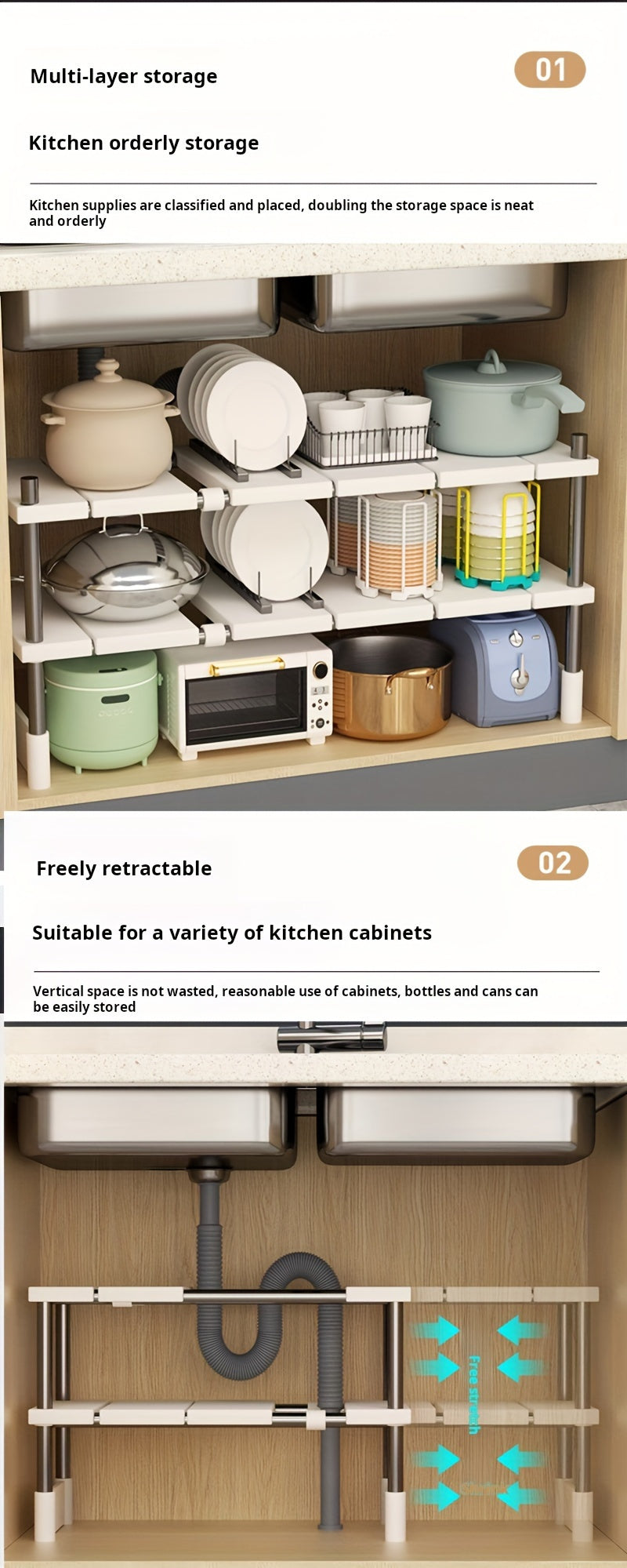 1pc Adjustable Under Sink Organizer, Stainless Steel And Plastic, Single-Layer Kitchen And Bathroom Cabinet Organizer, Multi-Functional Pot Holder, Storage Shelf, Space Saving Design