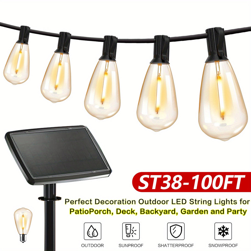 50/ 100 Ft Solar Outdoor String Light, Usb-Rechargeable Patio Rope Light, 2700K Warm White, Weather Resistant Material, 12+1/ 24+1 Breakproof ST38 E12 Bulb for Patio, Backyard, Porch, Outdoor Pool