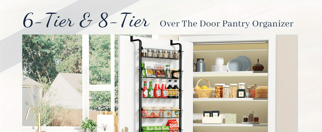 Pantry Door Storage Organizer, 6 or 8 Tier Metal Basket Rack in Black or White for Spices, Snacks, Kitchen Essentials, Laundry and Bathroom Supplies