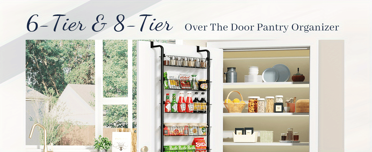 Pantry Door Storage Organizer, 6 or 8 Tier Metal Basket Rack in Black or White for Spices, Snacks, Kitchen Essentials, Laundry and Bathroom Supplies