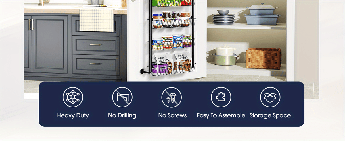 Pantry Door Storage Organizer, 6 or 8 Tier Metal Basket Rack in Black or White for Spices, Snacks, Kitchen Essentials, Laundry and Bathroom Supplies