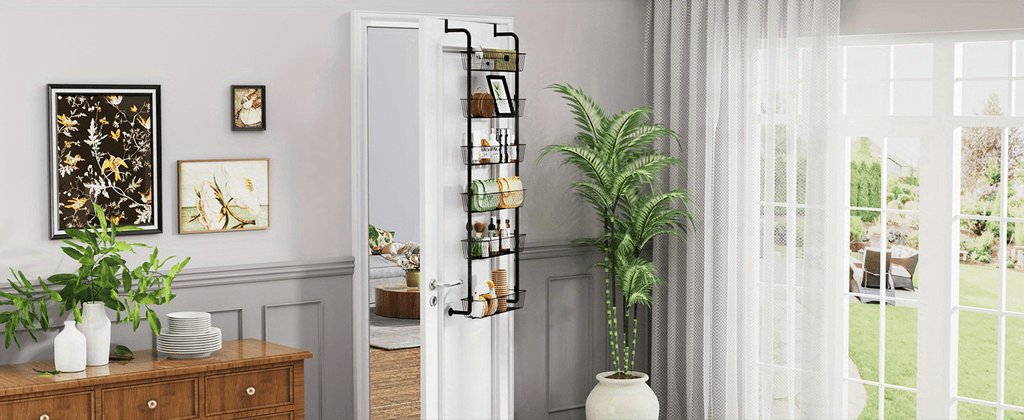 Pantry Door Storage Organizer, 6 or 8 Tier Metal Basket Rack in Black or White for Spices, Snacks, Kitchen Essentials, Laundry and Bathroom Supplies