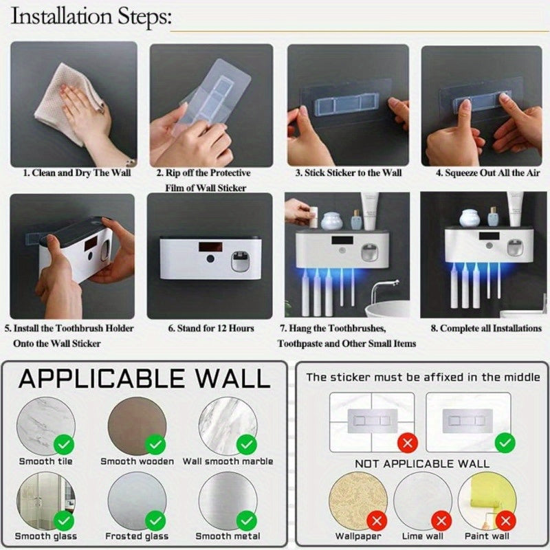 Toothbrush Holders for Bathrooms, Wall Mounted Toothbrush Holder with Toothpaste Dispenser, Rechargeable Cordless Wall Mounted Tooth Brushing Holder