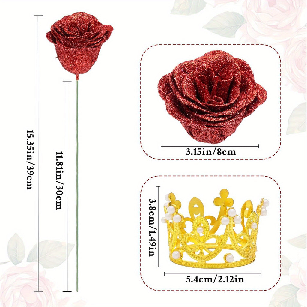 24/36pcs Glitter Roses Bouquet - Everlasting Shiny Artificial Red Roses with Sparkling Glitter Petals - DIY Fake Flower Bouquet Suitable for Valentine' Day, Mother' Day, Wedding, Anniversary, - Gifts for, Plastic Roses Bouquet