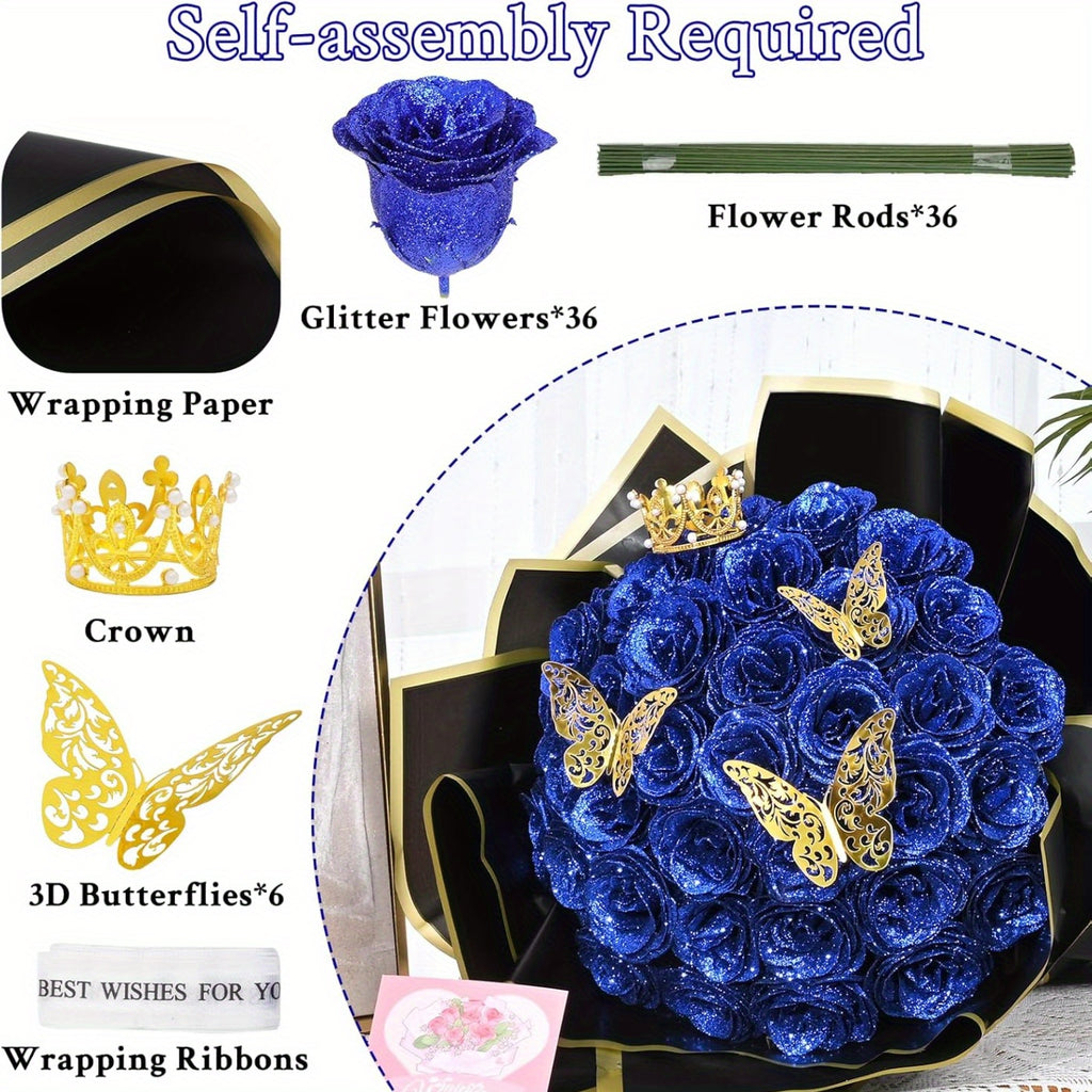 24/36pcs Glitter Roses Bouquet - Everlasting Shiny Artificial Red Roses with Sparkling Glitter Petals - DIY Fake Flower Bouquet Suitable for Valentine' Day, Mother' Day, Wedding, Anniversary, - Gifts for, Plastic Roses Bouquet