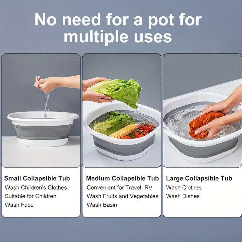 [Foldable Sink Set] 3pcs Set Foldable Sink, Portable Sink, Foldable Dish Basin Square, Foldable Laundry Basket, Foldable Sink, Plastic Sink, Space Saving Storage Container for Cutlery, Fruit, Camping, Laundry, Hiking And Home (Gray)