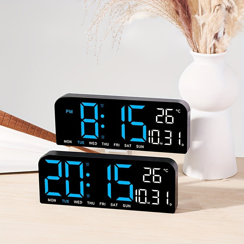 Large Screen LED Alarm Clock - Luminous Display of Week, Temperature, Humidity, and Timer - Ideal for Bedroom, Living Room, and Office with Sleek Modern Design.