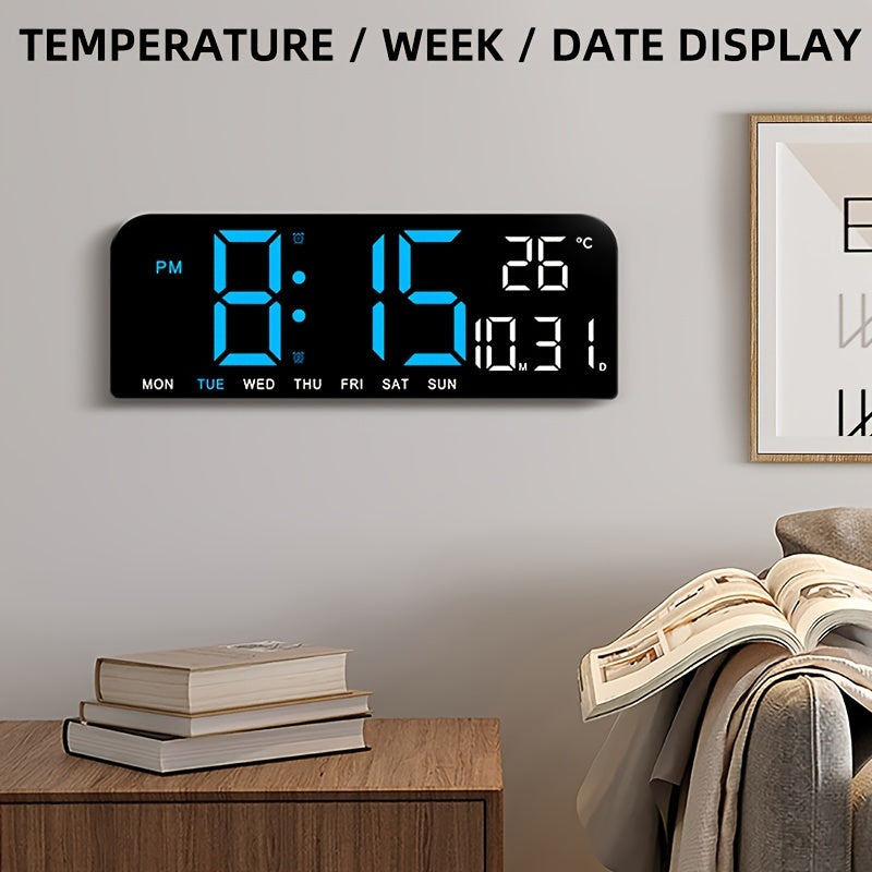 Large Screen LED Alarm Clock - Luminous Display of Week, Temperature, Humidity, and Timer - Ideal for Bedroom, Living Room, and Office with Sleek Modern Design.