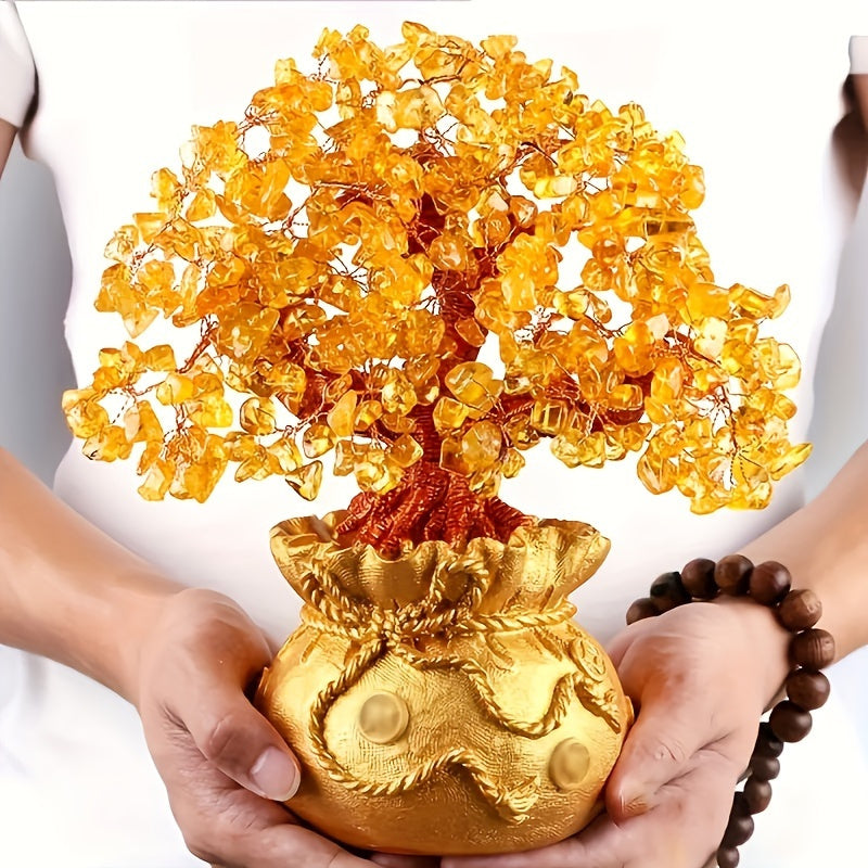 Elegant Golden Resin Wealth Tree With Natural Crystal Leaves - Attracts Prosperity & Fortune, Feng Shui-Inspired Home Decor, Unique Business Gift, Auspicious Wealth Symbol, Ideal For Reptile Habitat Tree, Crystal Leaf Design, Wealth Tree