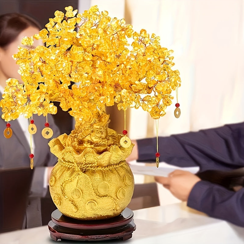 Elegant Golden Resin Wealth Tree With Natural Crystal Leaves - Attracts Prosperity & Fortune, Feng Shui-Inspired Home Decor, Unique Business Gift, Auspicious Wealth Symbol, Ideal For Reptile Habitat Tree, Crystal Leaf Design, Wealth Tree
