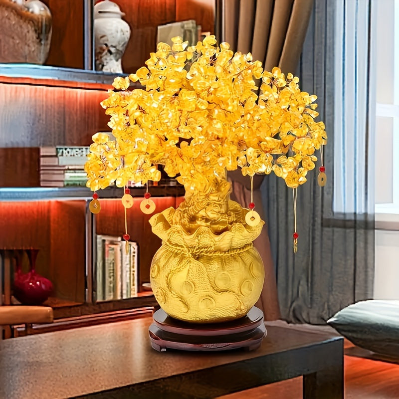 Elegant Golden Resin Wealth Tree With Natural Crystal Leaves - Attracts Prosperity & Fortune, Feng Shui-Inspired Home Decor, Unique Business Gift, Auspicious Wealth Symbol, Ideal For Reptile Habitat Tree, Crystal Leaf Design, Wealth Tree
