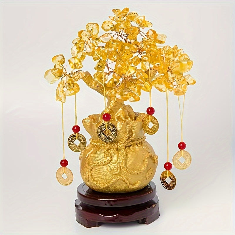 Elegant Golden Resin Wealth Tree With Natural Crystal Leaves - Attracts Prosperity & Fortune, Feng Shui-Inspired Home Decor, Unique Business Gift, Auspicious Wealth Symbol, Ideal For Reptile Habitat Tree, Crystal Leaf Design, Wealth Tree