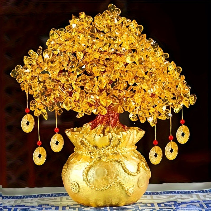Elegant Golden Resin Wealth Tree With Natural Crystal Leaves - Attracts Prosperity & Fortune, Feng Shui-Inspired Home Decor, Unique Business Gift, Auspicious Wealth Symbol, Ideal For Reptile Habitat Tree, Crystal Leaf Design, Wealth Tree