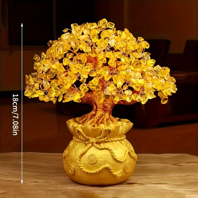 Elegant Golden Resin Wealth Tree With Natural Crystal Leaves - Attracts Prosperity & Fortune, Feng Shui-Inspired Home Decor, Unique Business Gift, Auspicious Wealth Symbol, Ideal For Reptile Habitat Tree, Crystal Leaf Design, Wealth Tree