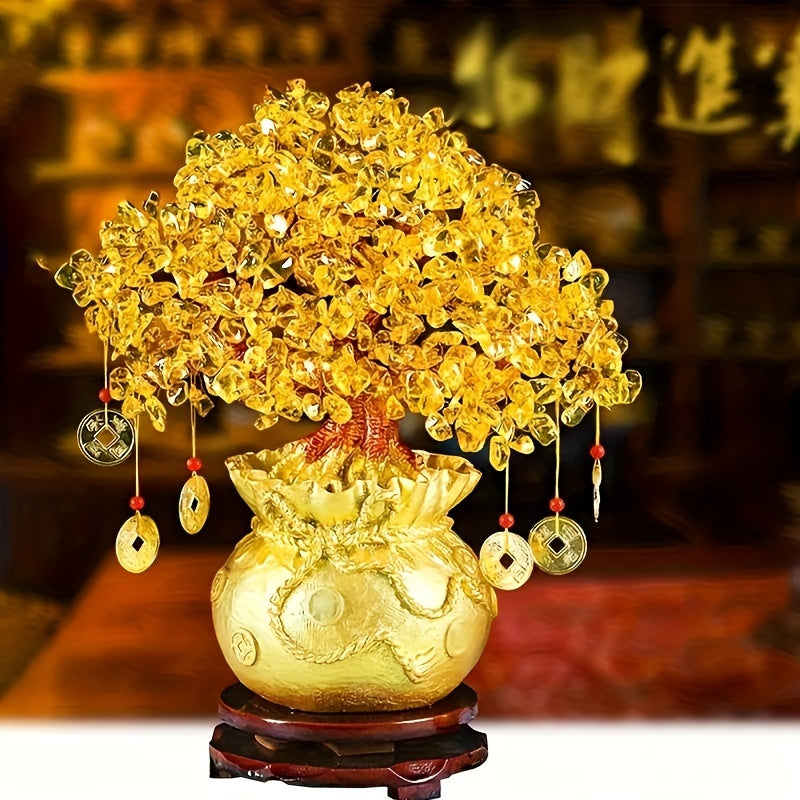 Elegant Golden Resin Wealth Tree With Natural Crystal Leaves - Attracts Prosperity & Fortune, Feng Shui-Inspired Home Decor, Unique Business Gift, Auspicious Wealth Symbol, Ideal For Reptile Habitat Tree, Crystal Leaf Design, Wealth Tree